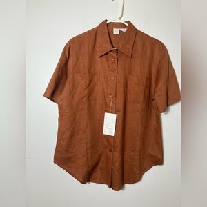 GW 100% Linen Button Up Shirt Women’s L Coastal Office Brown‎ Short Sleeve NEW!!
